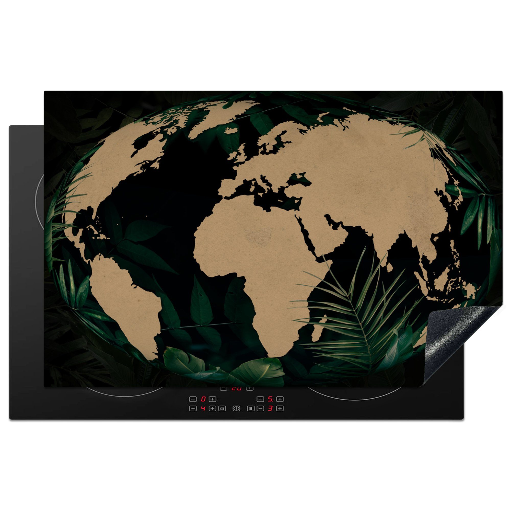 MuchoWow Herdblende-/Abdeckplatte Weltkarte - Globus - Pflanzen, Vinyl, (1 tlg), 81x52 cm, Induktionskochfeld Schutz für die küche, Ceranfeldabdeckung