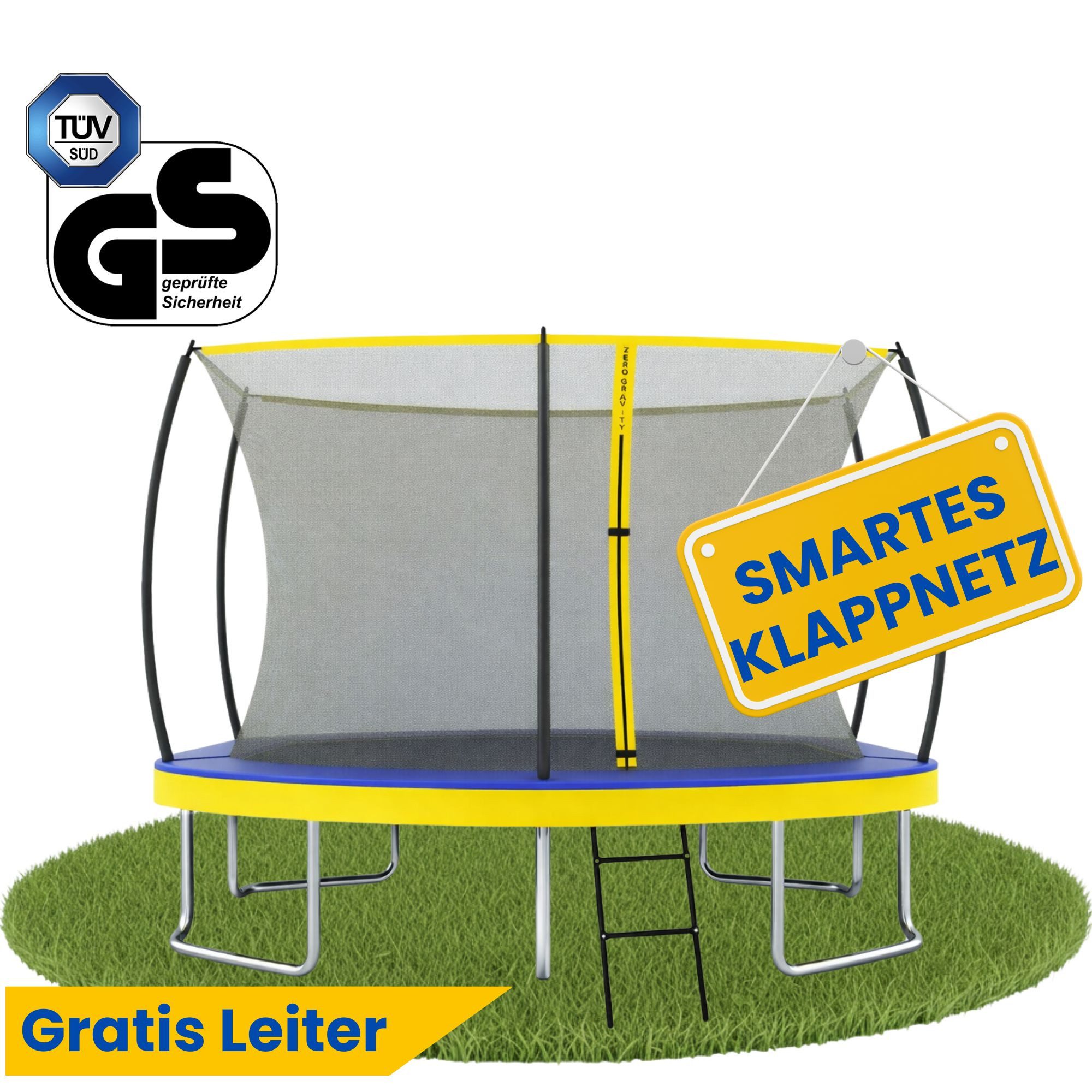 Zero Gravity Gartentrampolin 305x213/366x244/457x366 cm, Ovales Trampolin inkl. Leiter, Ø 305 cm, Trampolin Outdoor Komplett-Set, TÜV GS, Smarter & schneller Netzabbau