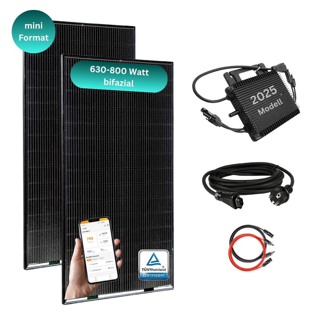 MyVoltaics Balkonkraftwerk 800 Watt MyBasic 630+ Watt Mini-Format mit 2 Modulen Versand gratis, 630 W, 315+ W bifazial, (Set komplett, 3-St., Komplettset inkl. WLAN Wechselrichter Hoymiles (2025er Modell), anschlussfertig für Steckdose & Solarmodule