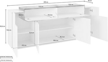möbelando Sideboard Catania, Modernes Sideboard aus Spanplatte in Weiß-Hochglanz / Schiefer matt mit 4 Holztüren, 3 Einlegeböden und 1 Klappe. Breite 200 cm, Höhe 85,6 cm, Tiefe 45 cm