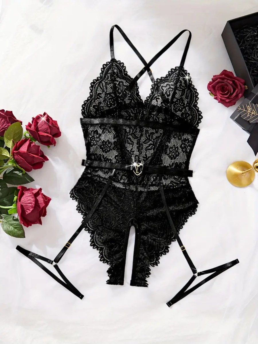 Elegant Love Body-Ouvert Damen Body aus Spitze – Reizwäsche Einteiler mit Cut-outs, Sexy Teddy Dessous mit offenem Schritt – Elegante Lingerie für romantische Nächte