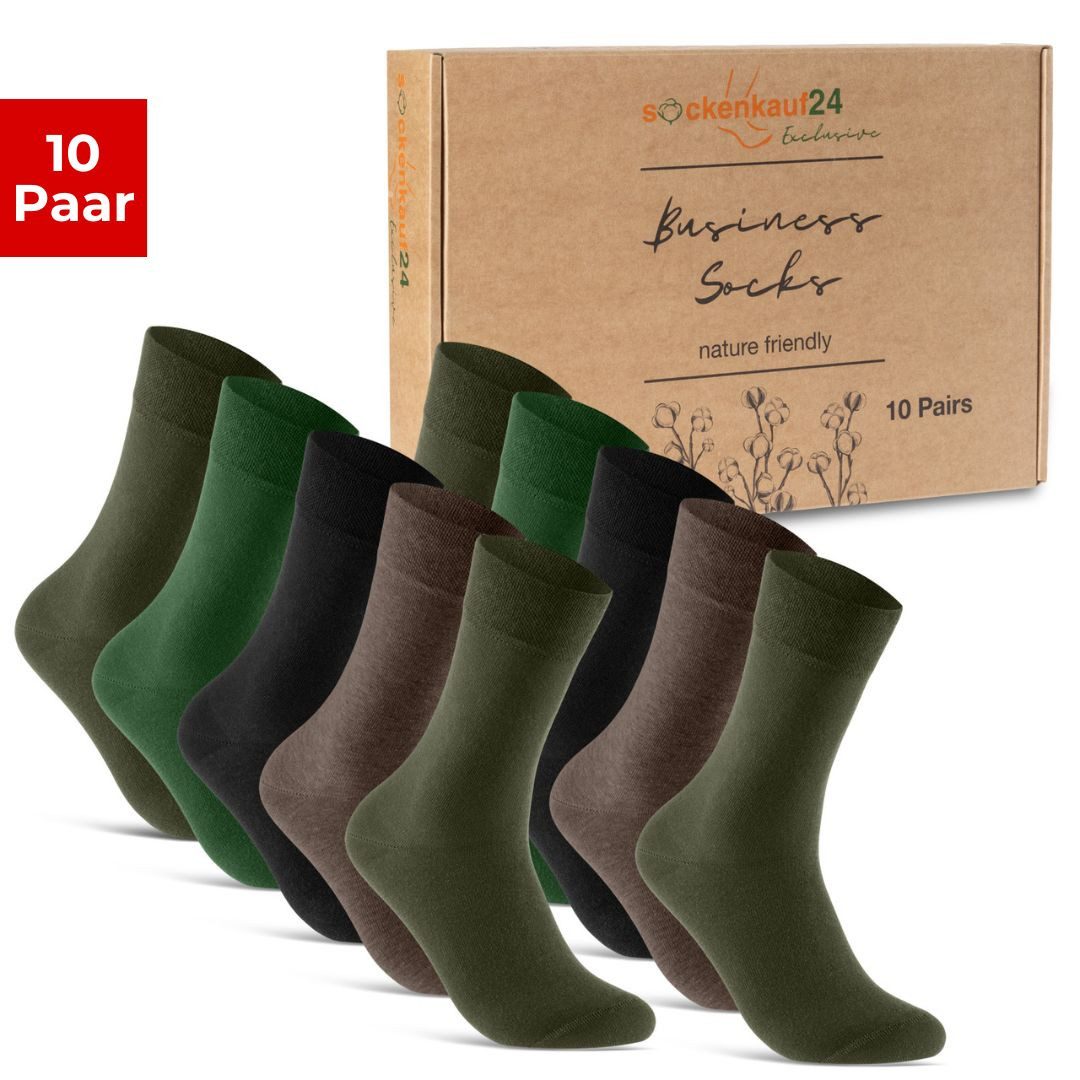 sockenkauf24 Socken 10 Paar Premium Socken Herren & Damen Komfort Business-Socken (Grün/Braun, 10-Paar, 35-38) aus gekämmter Baumwolle mit Pique-Bund (Exclusive Line) - 70101T