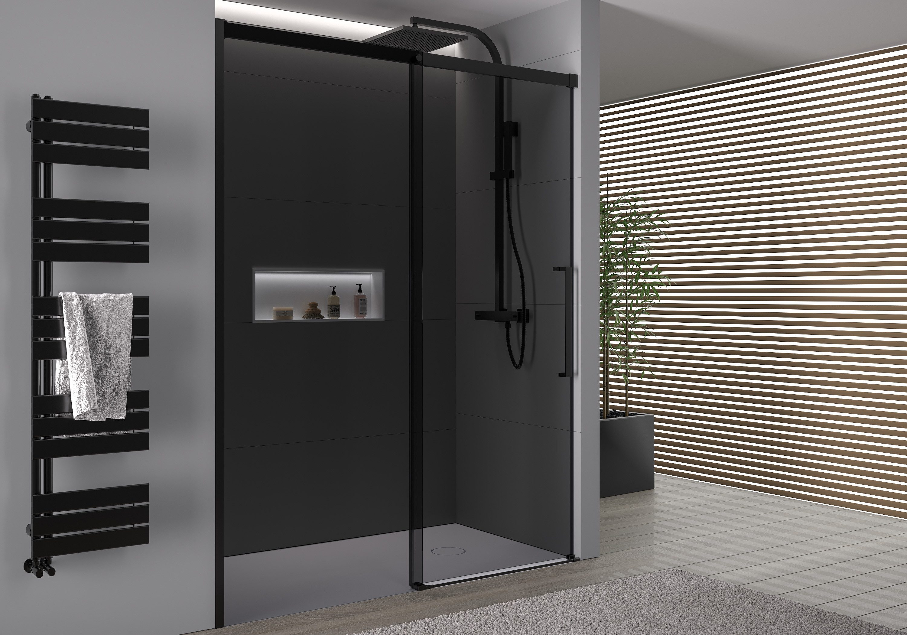 Bernstein Duschwand DX906 FLEX, Einscheibensicherheitsglas (ESG), (1 tlg), Soft-Close-Schiebetür, graues Glas, Schwarz matt