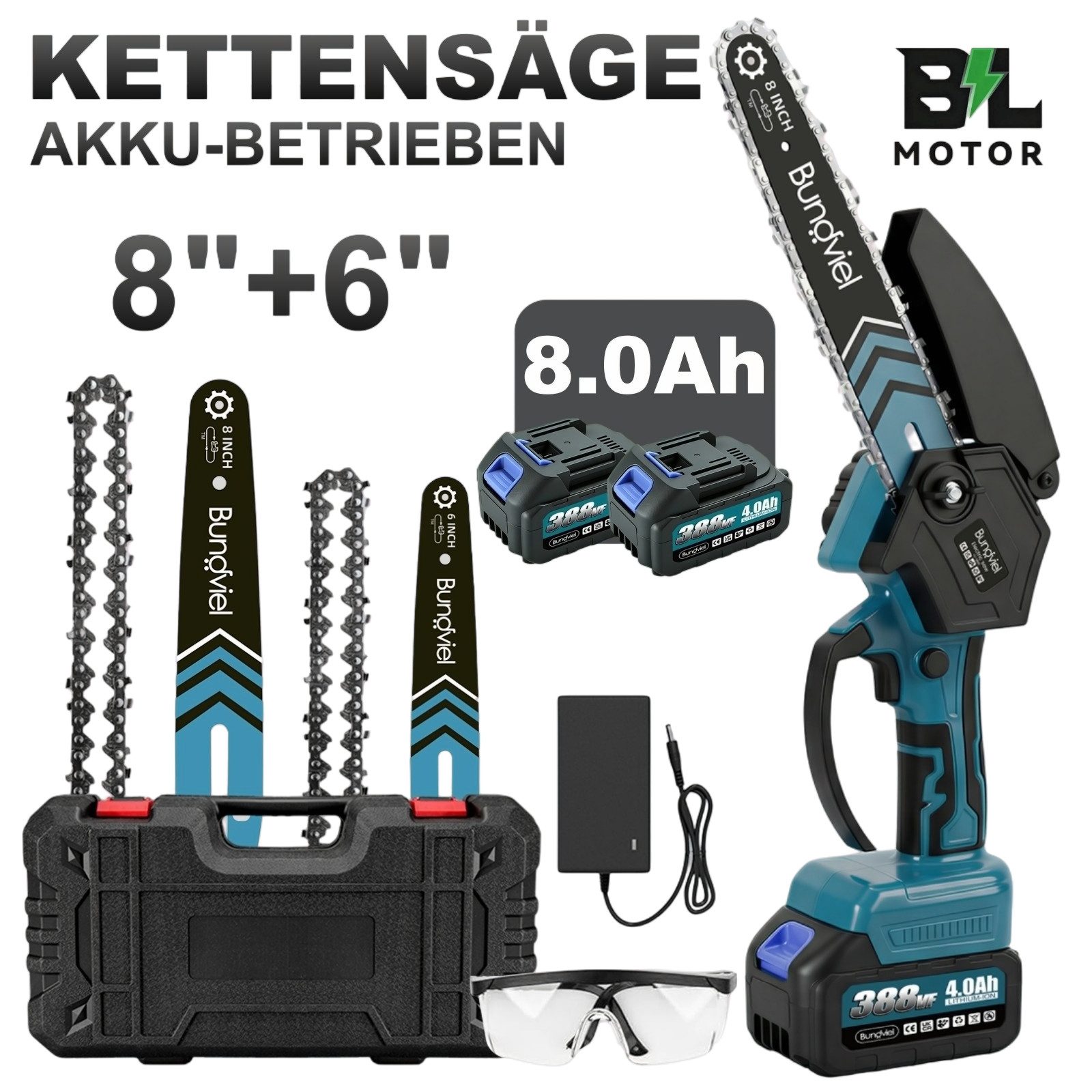 Bundviel Akku-Kettensäge Akku-Kettensäge 6+8'' mini Kettensäge Bürstenlose Elektro-Kettensäge, Set, 2x 4Ah Akkus, Ladegerät, Transportkoffer, Sägekette&Schwert, 880w