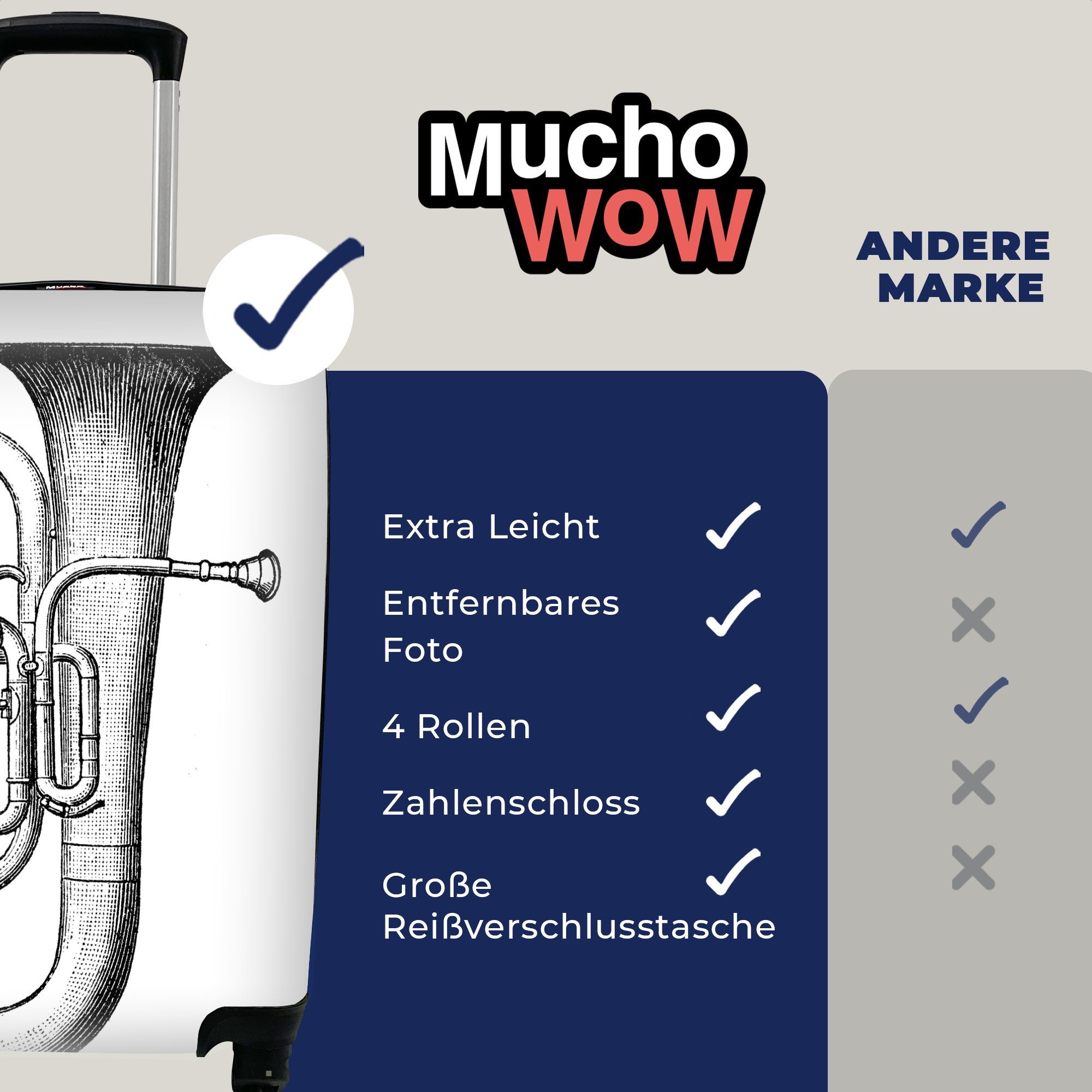 einer Tuba Illustration Rollen, auf für Hintergrund, mit MuchoWow Eine rollen, Trolley, Reisetasche antike Reisekoffer Ferien, 4 weißem Handgepäckkoffer Handgepäck
