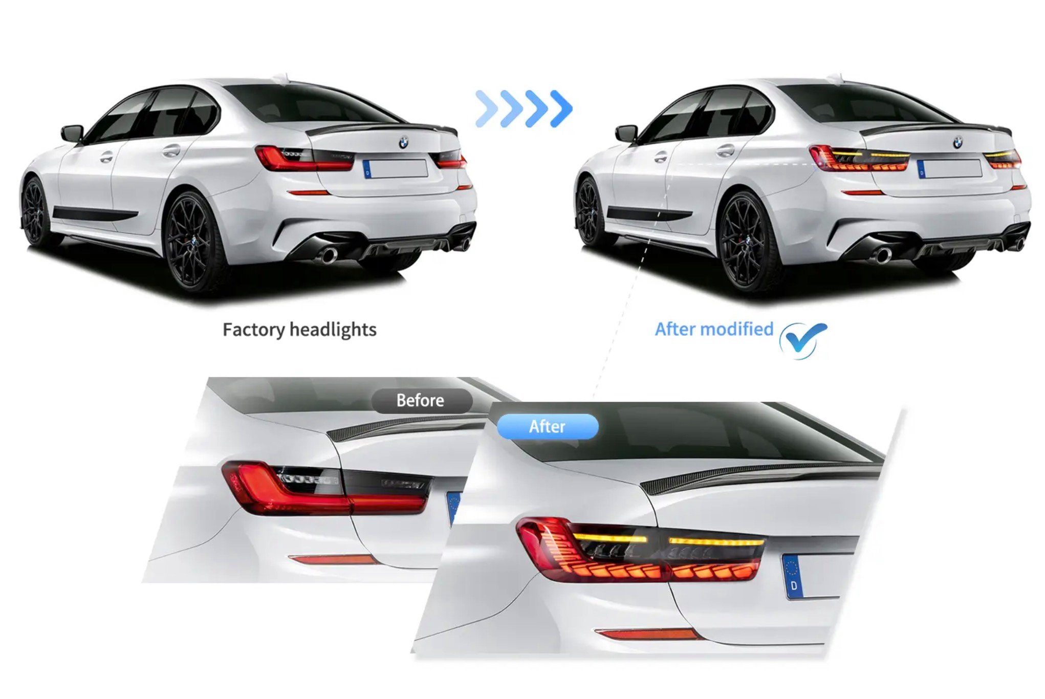 LLCTOOLS Rückleuchte Hell leuchtende LED Rückleuchte mit E-Prüfzeichen passend für BMW, 3er G20, G28, G80 (2018-2022), Rücklicht, Bremslicht, Nebelschlussleuchte, Blinklicht und Rückfahrlicht, Voll LED, LED fest integriert, Dynamischer Blinker, Mit Lichtanimation beim Entriegeln des Fahrzeugs