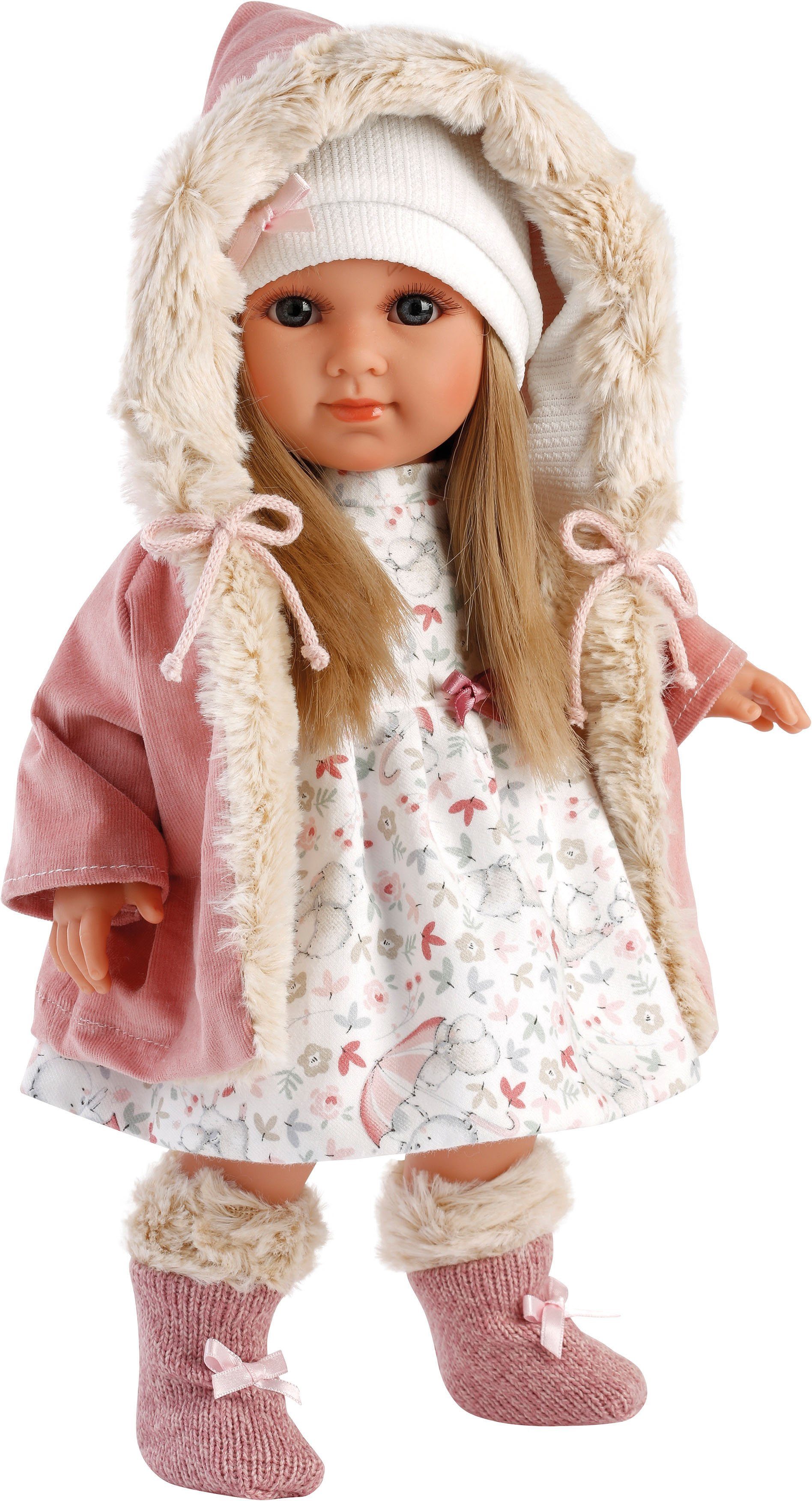 Stehpuppe Elena blond mit Kapuzenmantel, 35 cm