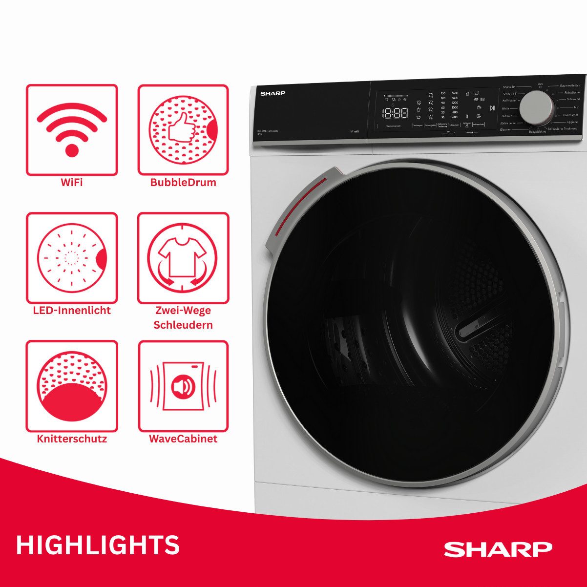 Sharp Wärmepumpentrockner KD-WNHL KD-WNHL8S9GWB-DE, WiFi, VeeZy App-Steuerung, BubbleDrum, Sensortrocknung, 15 Programme