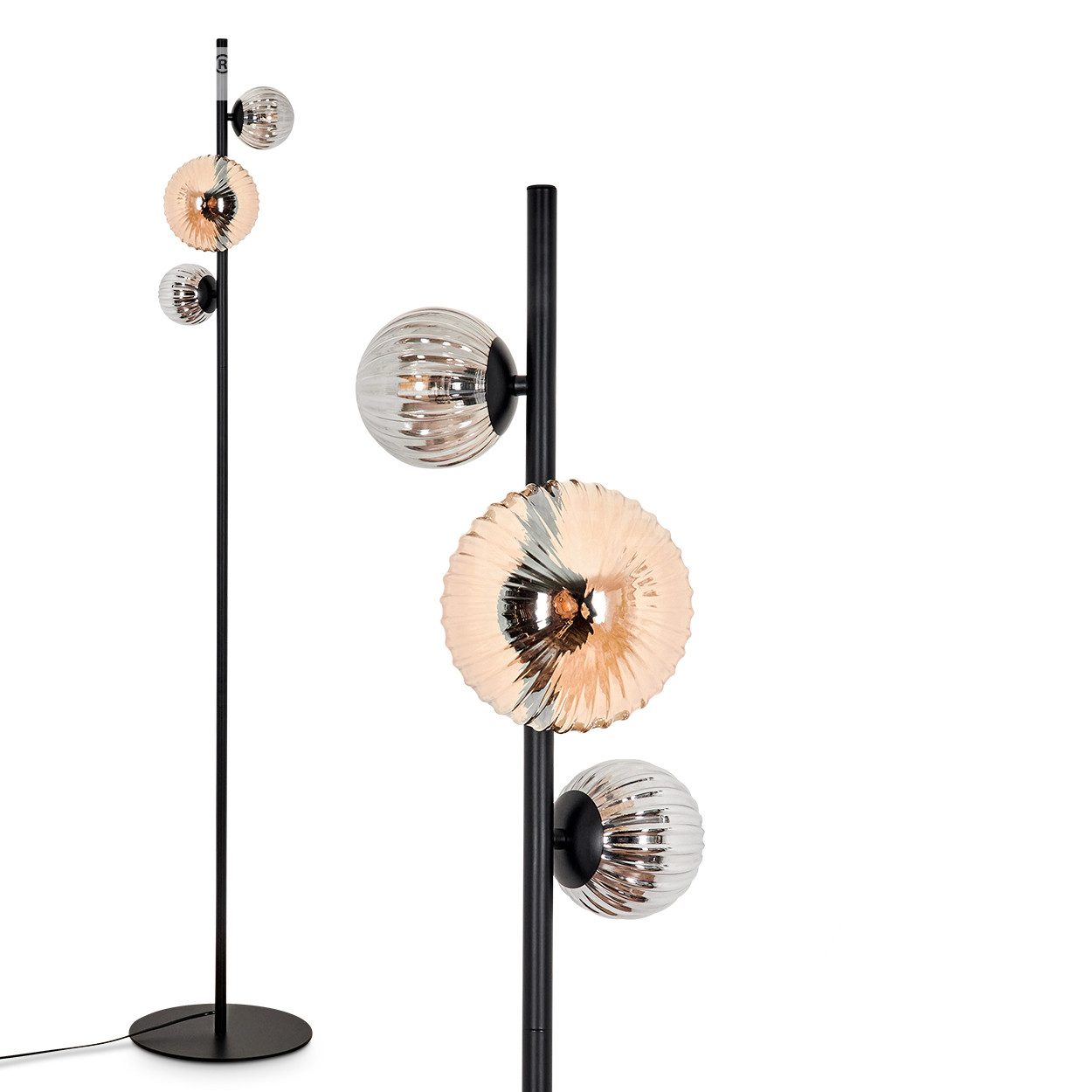 Stehlampe Stehlampe aus Metall/Riffelglas in Schwarz/Rauch/Bernstein