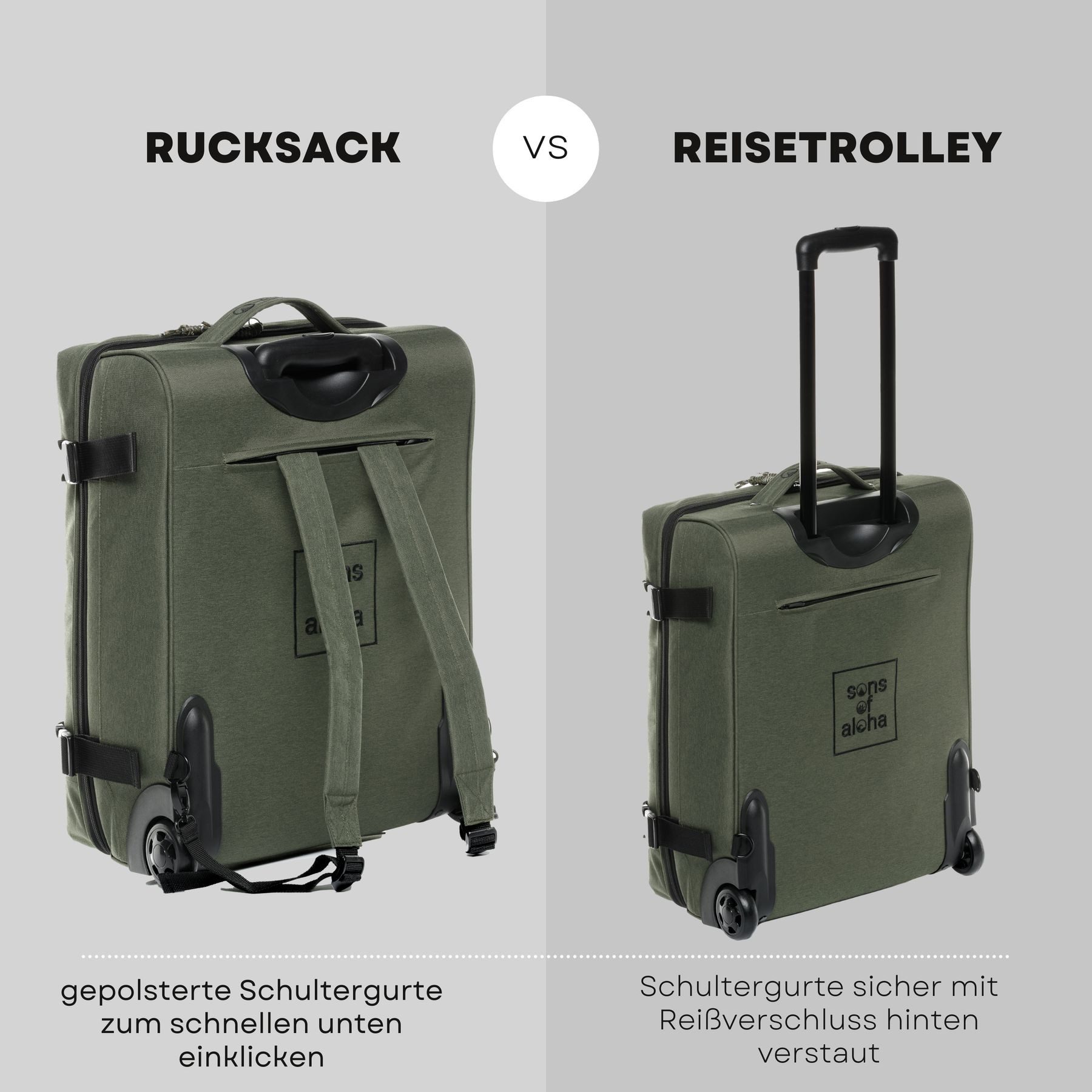 SONS OF ALOHA Koffer Backpacker Rucksack mit Rollen 3 in 1 Handgepäck  55 cm, 2in1 Hybrid Handgepäck Koffer 2 Rollen & Rucksack aus Plastikflaschen