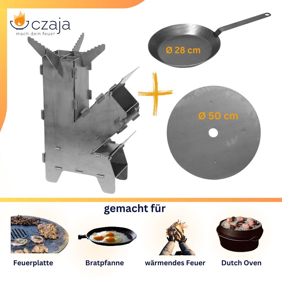Czaja fire bowl, Czaja® rocket stove including grill plate and iron frying pan, made of raw steel