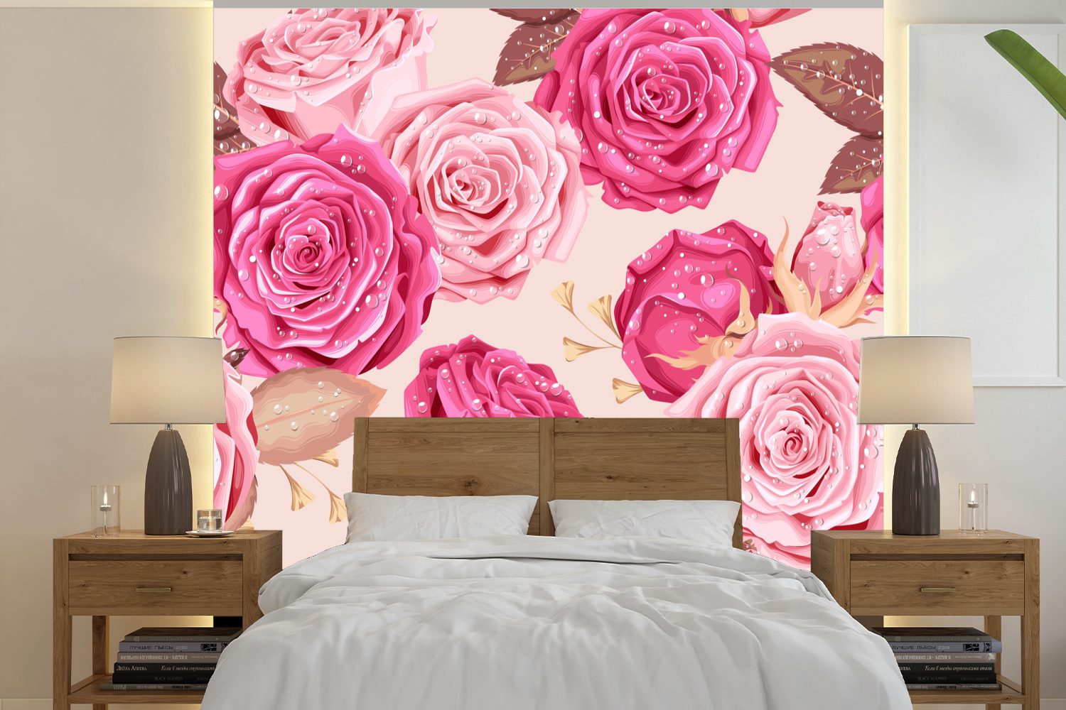MuchoWow Fototapete Rosen - Blumen - Muster, Matt, bedruckt, (5 St), Vinyl Tapete für Wohnzimmer oder Schlafzimmer, Wandtapete