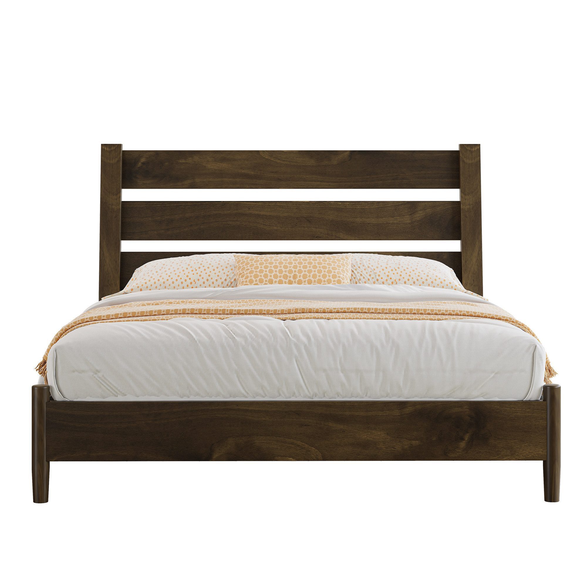 AMERLIFE Massivholzbett mit geneigtem Latten-Kopfteil aus Kiefernholz, Mid-Century Design (Ohne Matratze), Plattenbett Doppelbett 140 x 200 cm