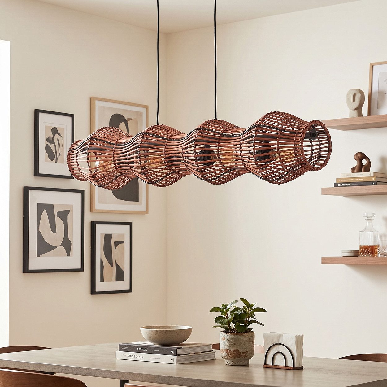 hofstein Pendelleuchte Hängelampe aus Metall/Bambus in Schwarz/Braun, ohne Leuchtmittel, Hängeleuchte im Retro/Vintage/Boho-Design, Höhe max. 170 cm, 4 x E27