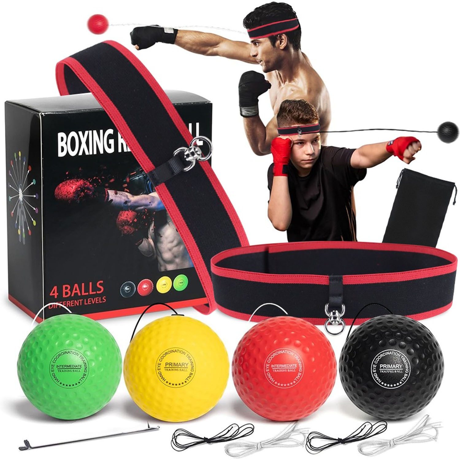 HEYHIPPO Bauchtrainer Reflex-Boxball Set mit 4 Bällen &2 Stirnbändern für Reaktions-Training (Satz, Verstellbarer Box-Reflexball für Erwachsene & Kinder, Kopfbefestigung), Boxing Reflexball, 4 Bälle für Reaktions- & Schnelligkeitstraining