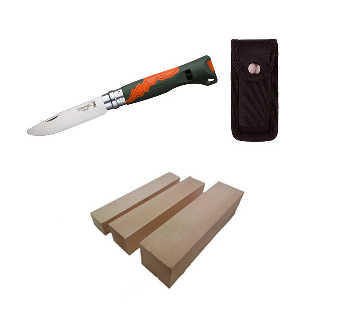 Opinel Taschenmesser, (Mein erstes Schnitzmesser von Opinel“, Kinder-Schnitzmesser mit abgerundeter Klingenspitze), Opinel No 07, Kindermesser OUTDOOR JUNIOR, orange + Nylonetui