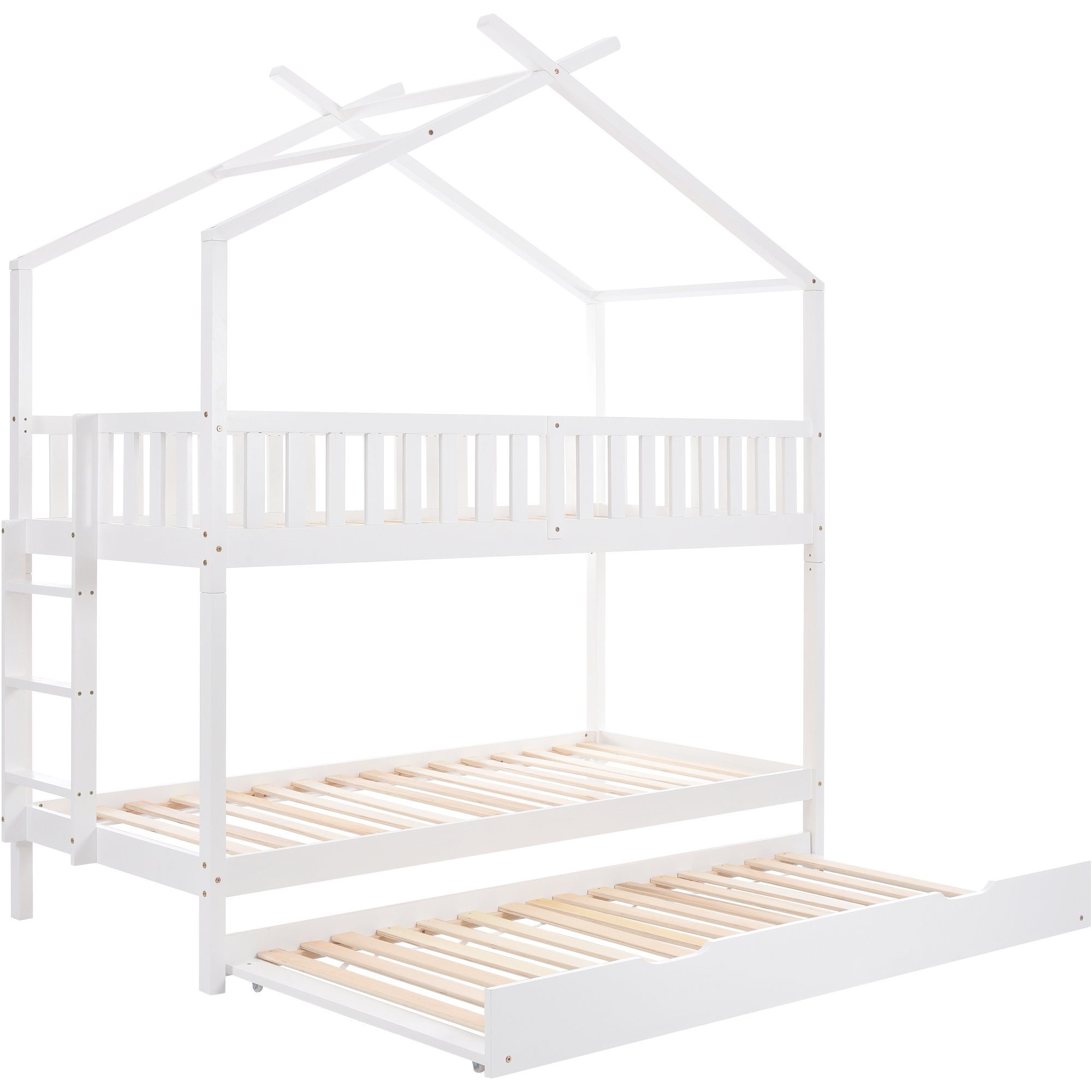 Etagenbett (Etagenbett, Hochbett Hausbett mit Rausfallschutz und Lattenrost), Kinderbett 90x200 cm mit Ausziehbett 90x190 cm, Kiefer, 3 Liegefläche
