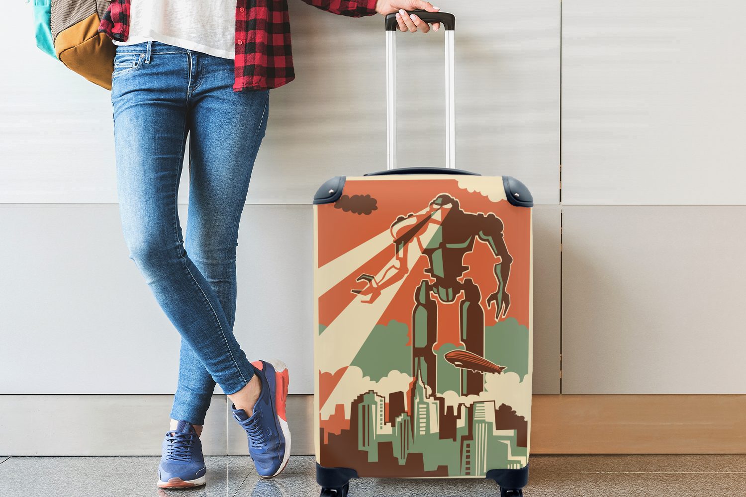 - rollen, Vintage MuchoWow mit Roboter Handgepäck Reisekoffer Zeichnung, Ferien, - Handgepäckkoffer 4 für Trolley, Reisetasche Rollen,