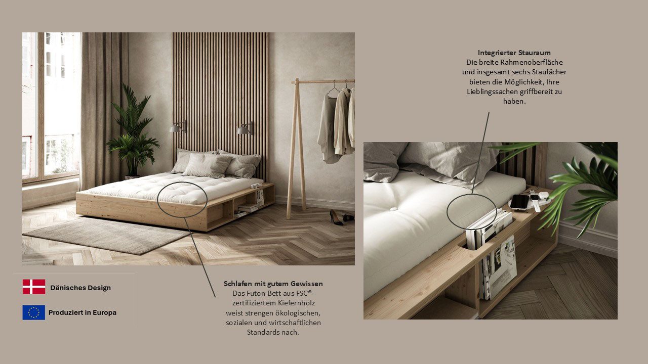 Karup Design Futonbett Bettgestell Ziggy Bed – FSC® Massivholz Futonbett, excl. Matratze, mit 6 offenen Fächern, Ablagefläche und minimalistischer Eleganz
