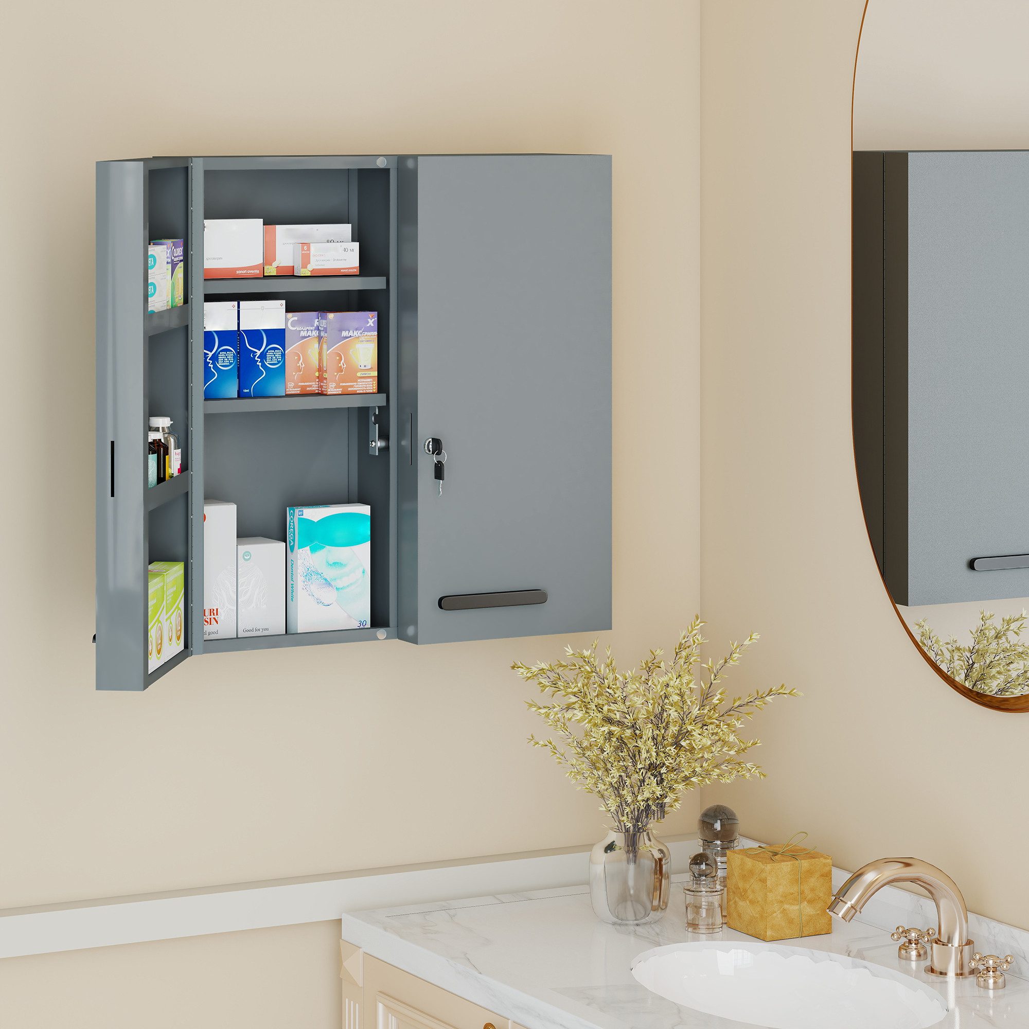 Kleankin Medizinschrank Medikamentenschrank mit 2 Türen für Küche, Erste-Hilfe-Schrank (Erste-Hilfe-Schrank, 1-St., Medikamentenschrank) abschließbar, 6 Regalfächer, pulverbeschichtet, wandmontagefähig