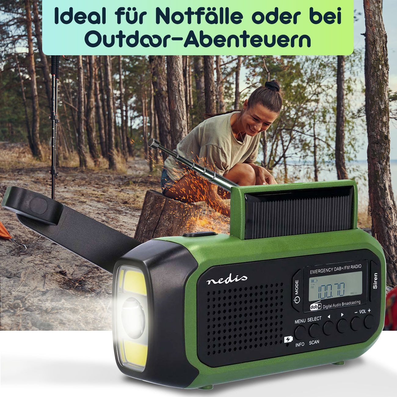 Nedis DAB+ Kurbelradio Notfallradio, 2500mAh Powerbank, SOS, Solar Grün Notfallradio (Digitalradio (DAB), DAB+ Kurbelradio Solar, 2500mAh Powerbank, SOS Lampe)