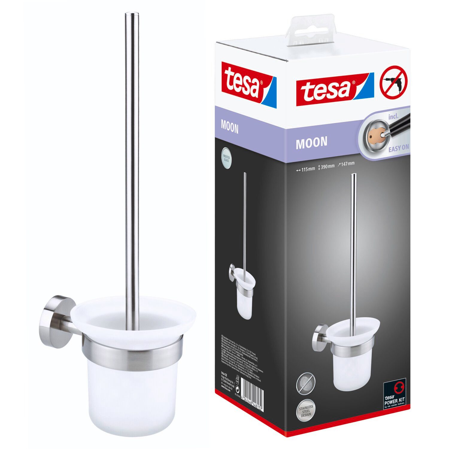 tesa WC-Reinigungsbürste MOON WC-Bürstenhalter ohne Bohren - 39 cm : 11,5 cm : 14,7 cm, Badezimmer, Gäste-WC, Wandmontage, (Packung, 1-tlg), selbstklebende WC-Bürste für Wandmontage - Edelstahl - silber matt