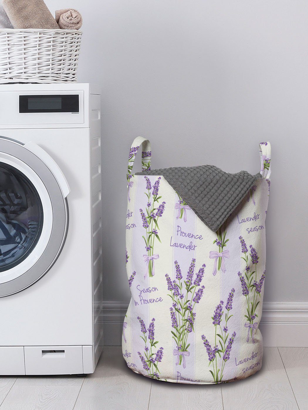 Wäschekorb mit Griffen Streifen und Abakuhaus Wäschesäckchen Waschsalons, Kordelzugverschluss Blumen Lavendel für