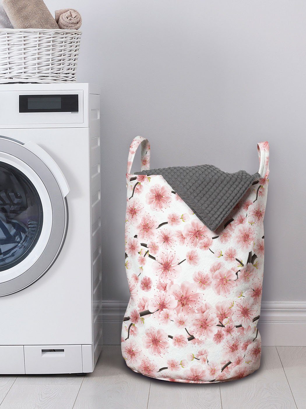 Wäschesäckchen mit 3D-Konstruktion Wäschekorb Kirschblüte Griffen Kordelzugverschluss Sakura für Waschsalons, Abakuhaus