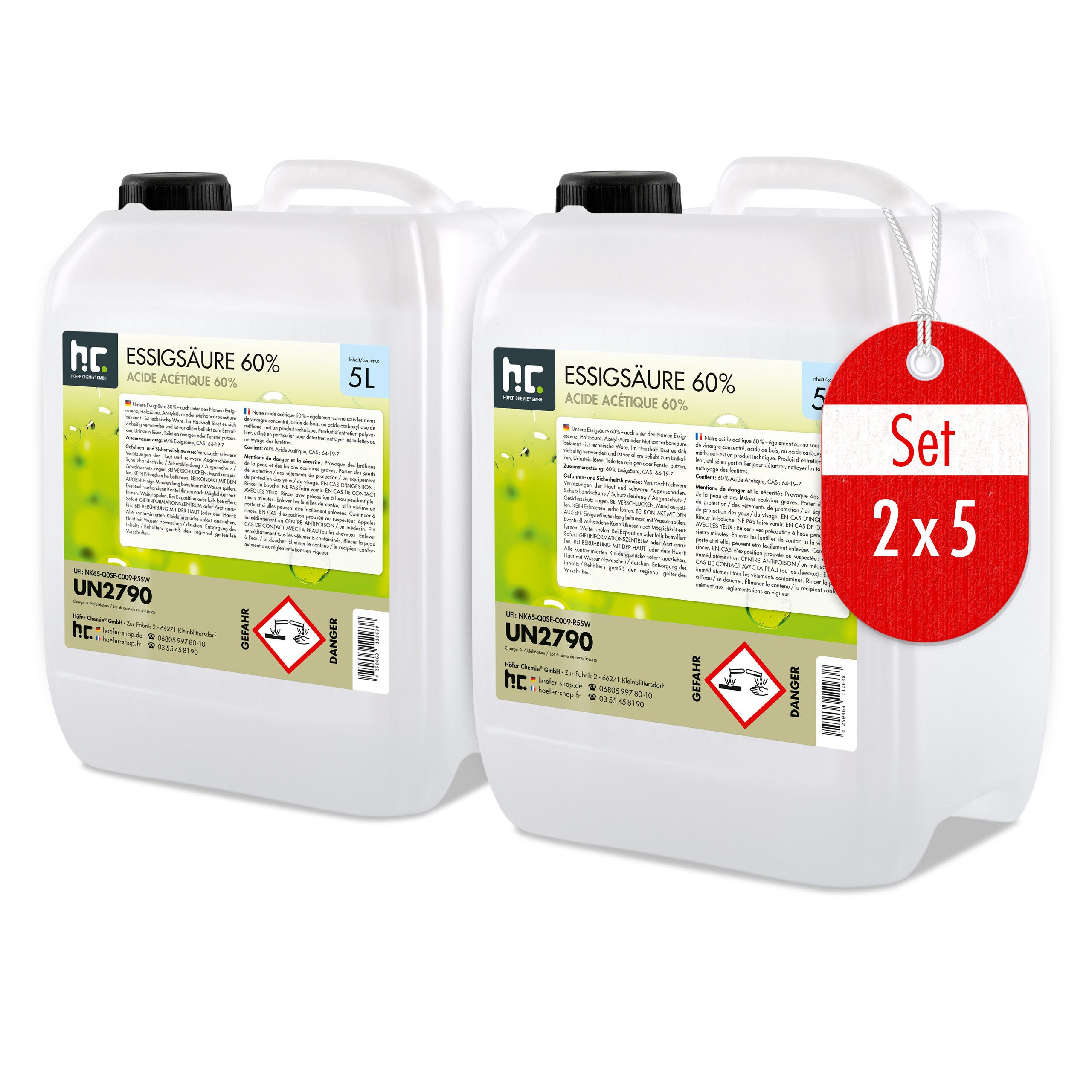 Höfer Chemie GmbH 2x 5 L Höfer Chemie® Essigsäure 60% in Kanistern Grundreiniger