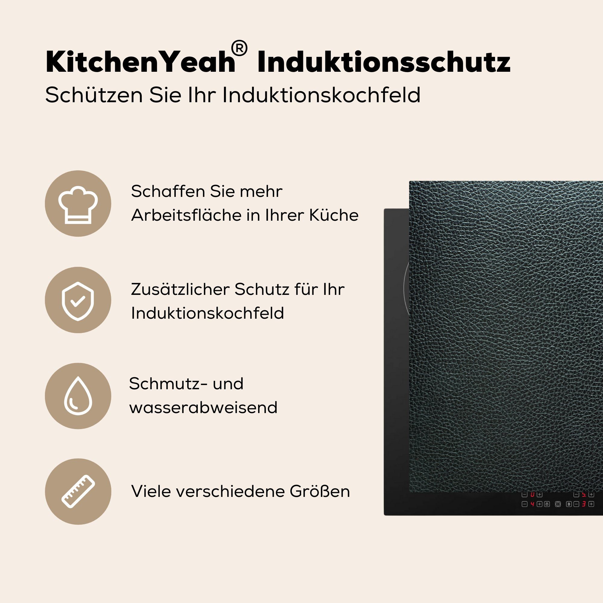 - Vinyl, 58x51 Küchen Herdblende-/Abdeckplatte Hell, - Induktionsherd, - - Schwarz (1 Dekoration Leder Induktionskochfeld cm, für Grün tlg), Textur MuchoWow