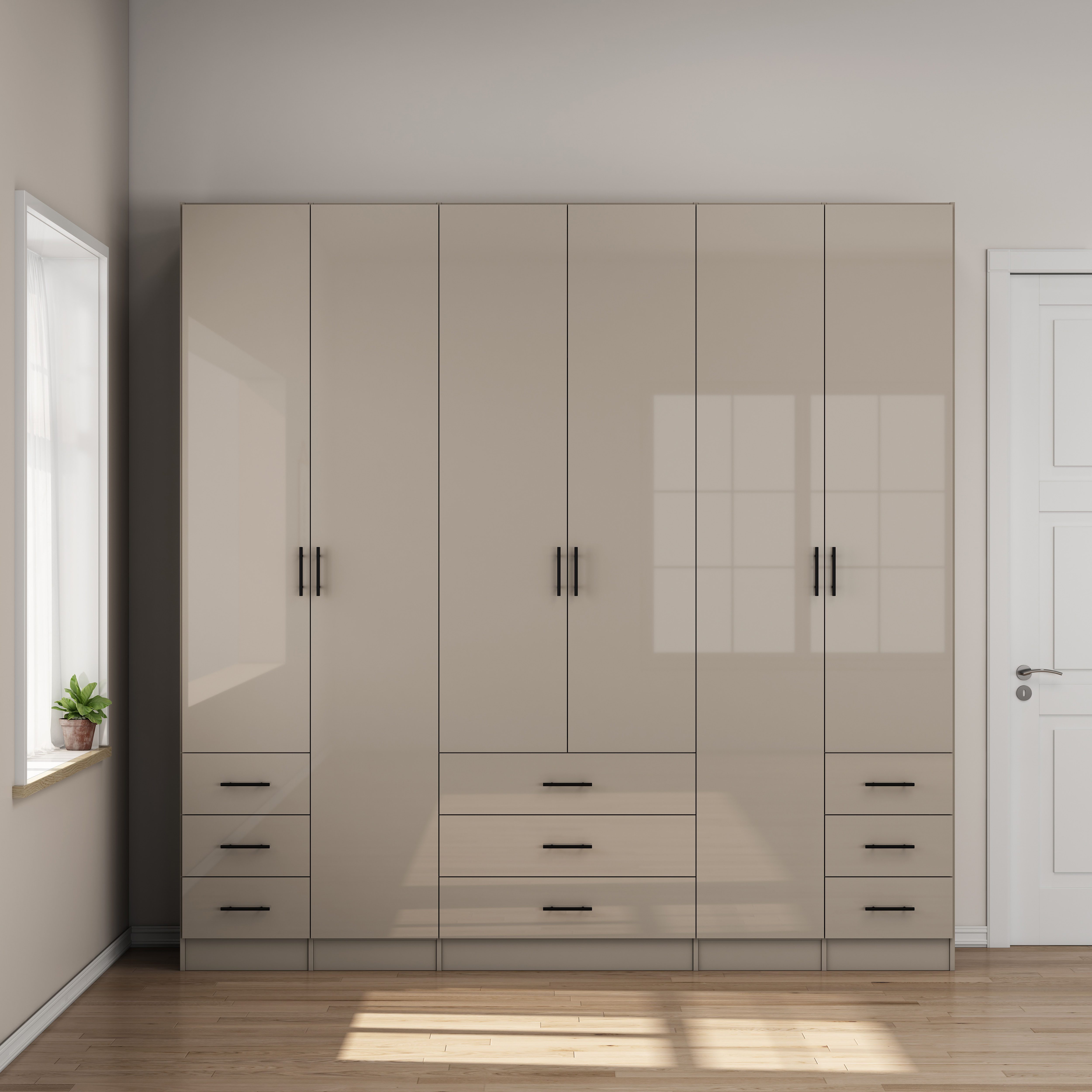 OTTO home Kleiderschrank Trento Schlafzimmerschrank Garderobe hochglanz (in 2 unterschiedlichen Schrankhöhen wählbar) Schrank mit 6 Türen und 9 Schubladen, Hochglanz-Fronten, 2,39m Höhe
