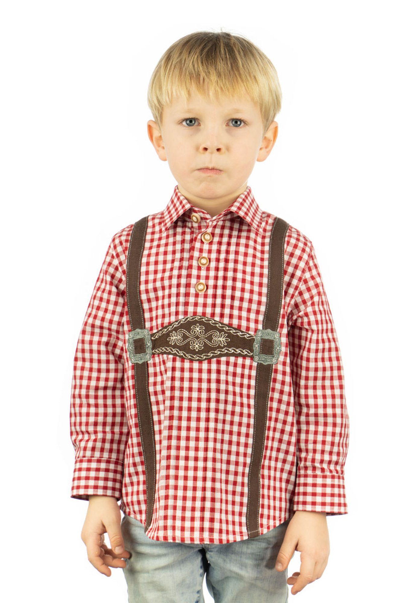 OS-Trachten Trachtenhemd Velmowo Langarm Jungen Hemd Schlupfform mit aufgenähten Hosenträgern mittelrot