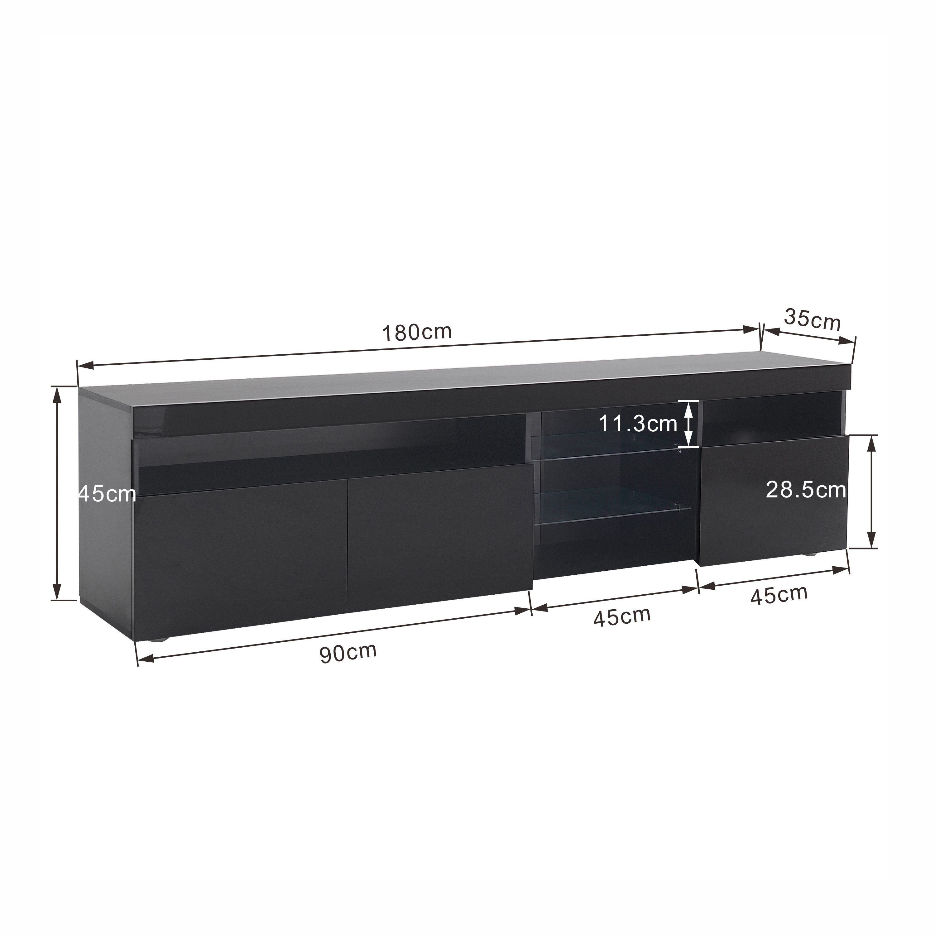 Lowboard (1 St), TV-Schrank Fernsehtisch mit 16 Led Farben Beleuchtung, Glasablage, 3 Türen, Breite 180 cm