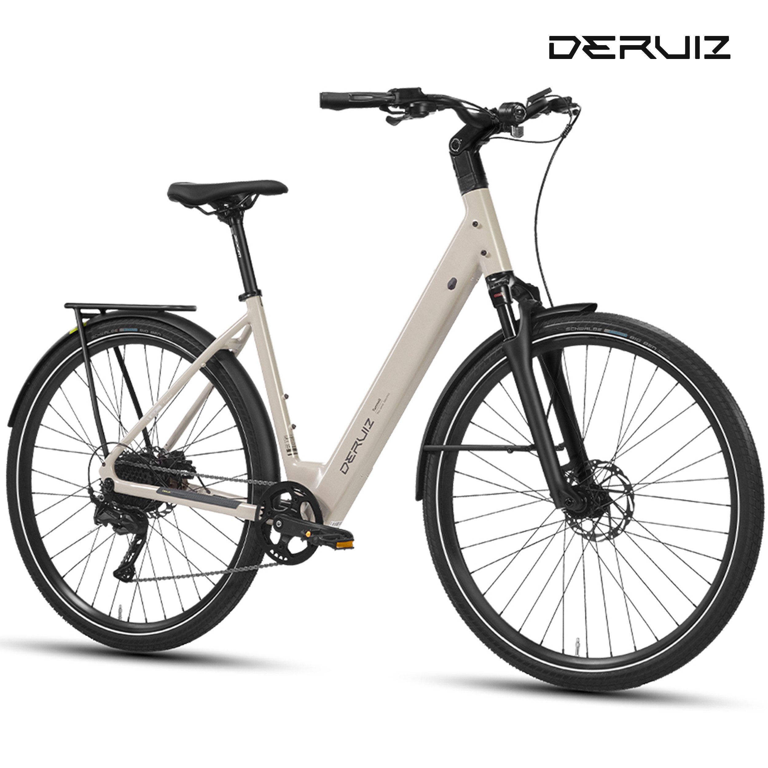 DERUIZ E-Bike Cityrad 28 Zoll, Kettenantrieb/Riemenantrieb, Bluetooth und APP, max. 110km, 9 Gang Shinamo, Kettenschaltung, Heckmotor, 360 Wh, (Traglast ca. 140kg, nur ca. 20kg, Elektrofahrrad für Damen und Herren), Kadenz- und Drehmomentsensor, Routenaufzeichnung, Tiefeinsteiger