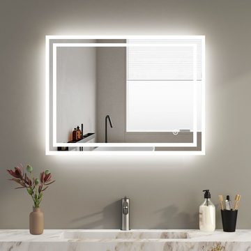 WDWRITTI Badspiegel LED Badezimmerspiegel mit Beleuchtung Wandspiegel 80x60/70x50cm (3 Lichtfarben mit Dimmbarer Helligkeit;Der Touch-Schalter;Speicherfunktion, Aluminium-Rahmen, 5MM umweltfreundlicher kupferfreier Spiegel), Zwei mattierte, leuchtende Bänder am Rande,wasserdicht, staubdicht