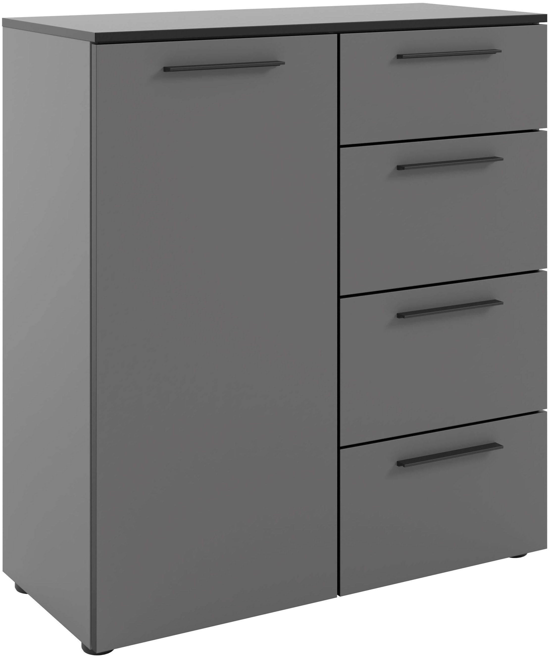 Manjana Möbel Kommode mit Schwarz matten Metallgriffen in verschiedenen Ausführungen, mit Soft-Close-Funktion, mit melaminbeschichteter Oberfläche