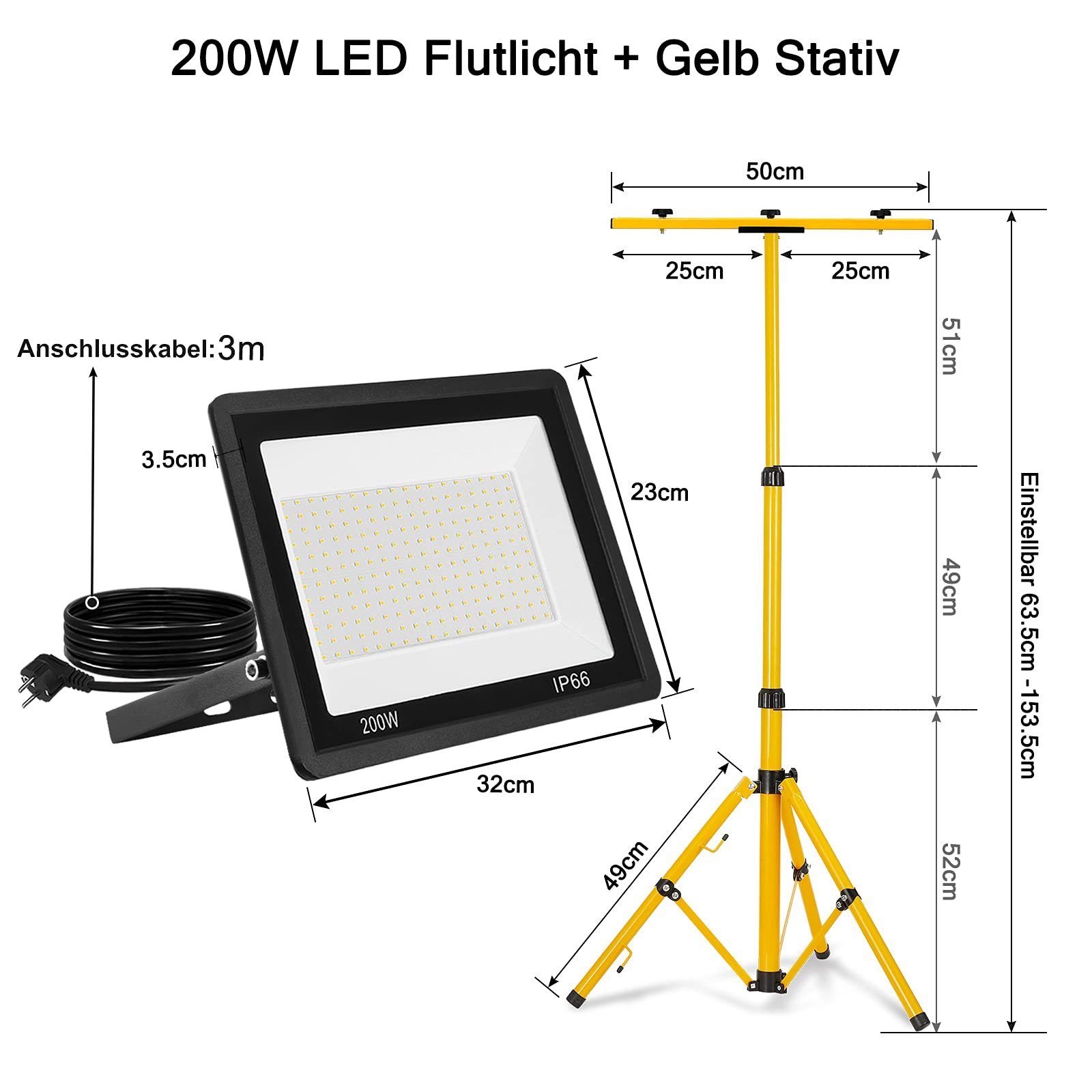 Kaltweiß-Warmweiß, 3m Baustrahler inkl. mit Stativ für Kabel, AUFUN Garage 200W,