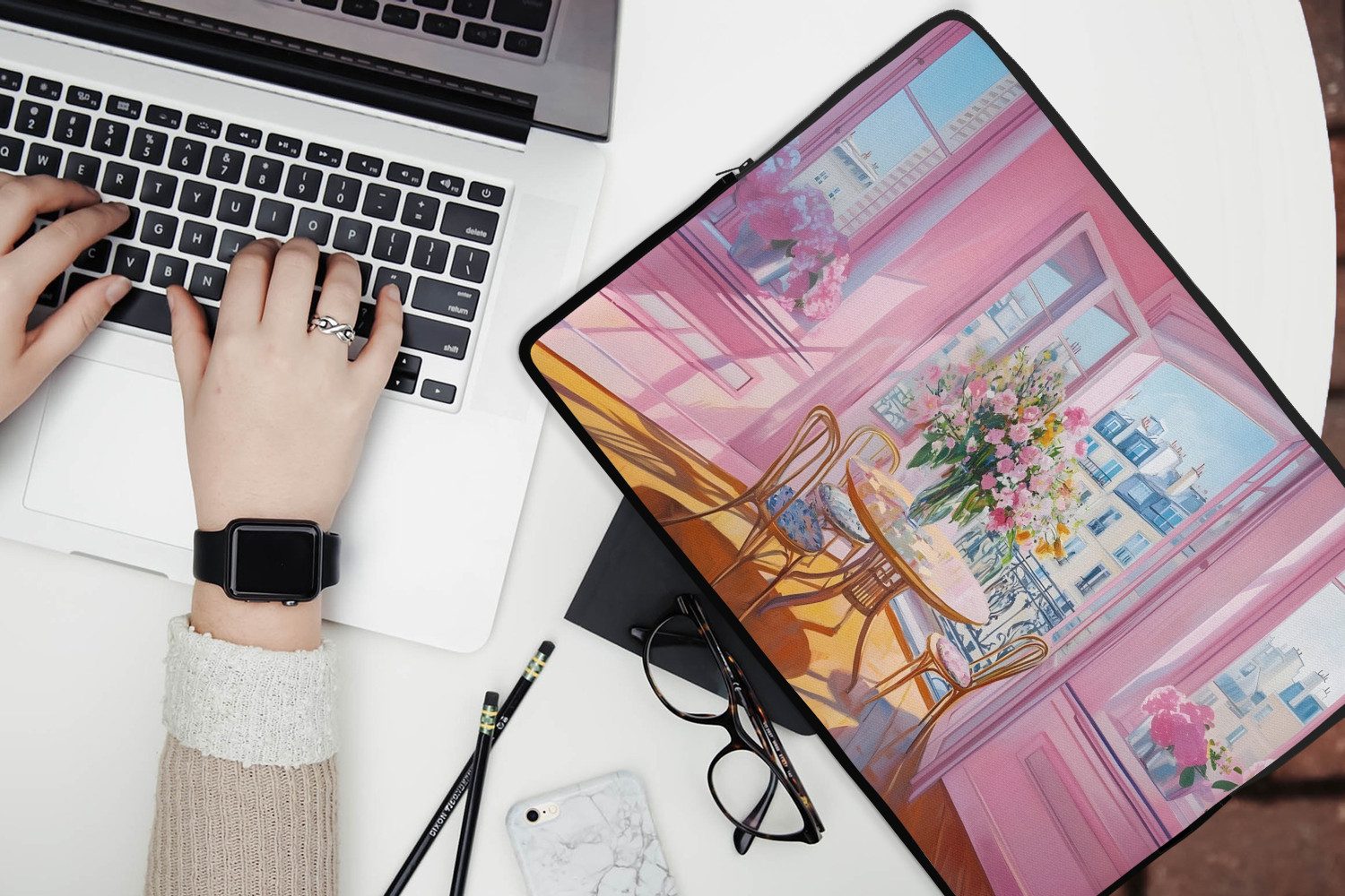 MuchoWow Laptop-Hülle Rosa - Stadt - Blumen 14 Zoll, Schutzhülle für Laptop, Schutz gegen Kratzern, Laptoptasche