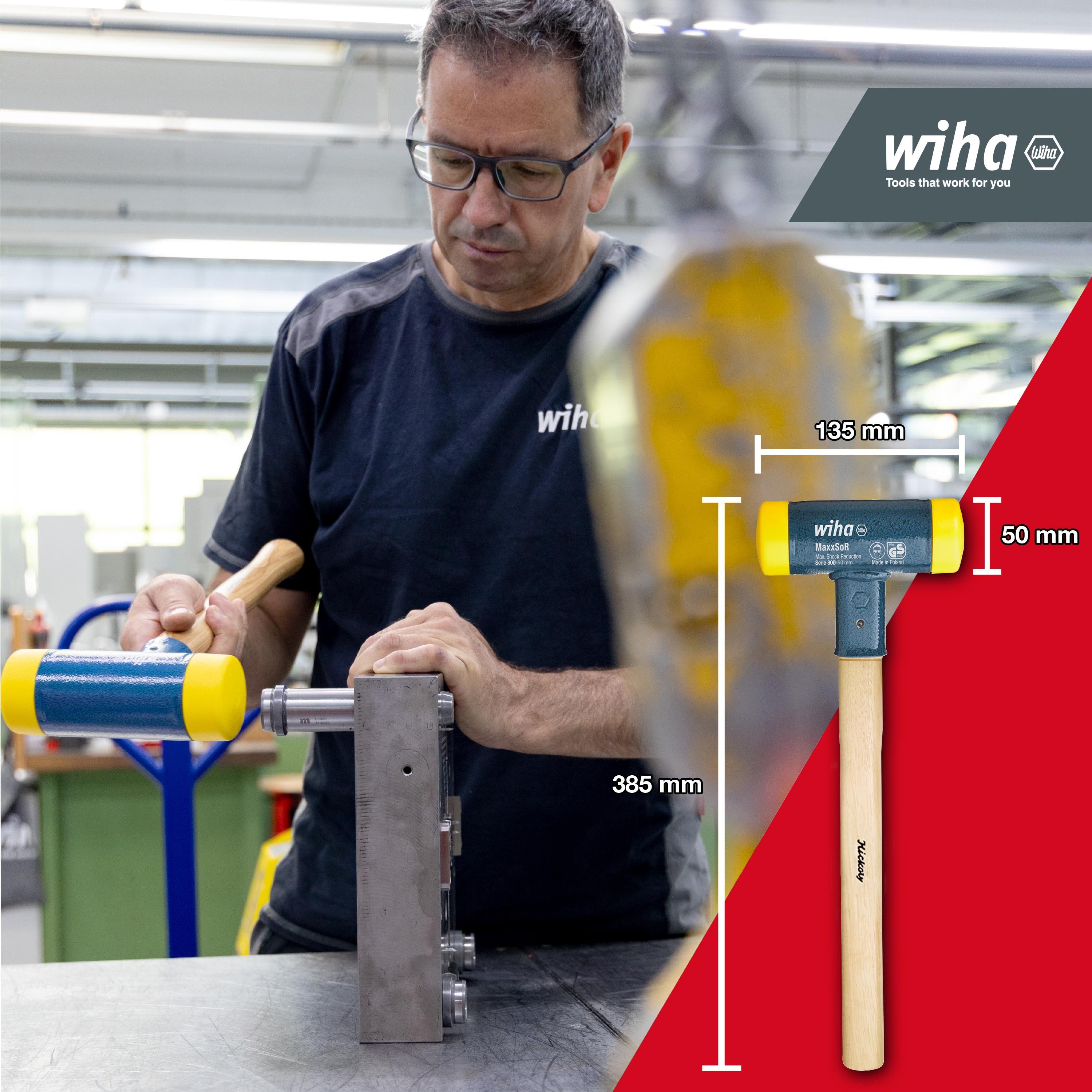 Wiha Gummihammer Schonhammer (02097), rückschlagfrei, Hickory-Holzstiel, Rund-Schlagkopf Ø 50 mm, mittelhart
