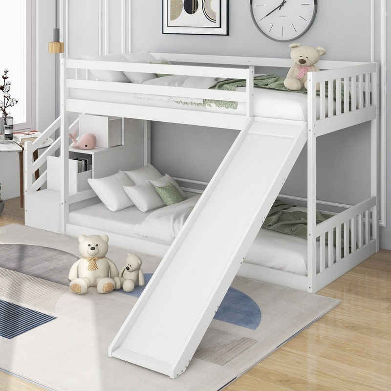Flieks Etagenbett (mit Rutsche und 2 Schubladen in der Treppe), Hochbett Kiefernholzbett Kinderbett mit Lattenrost 90x200cm