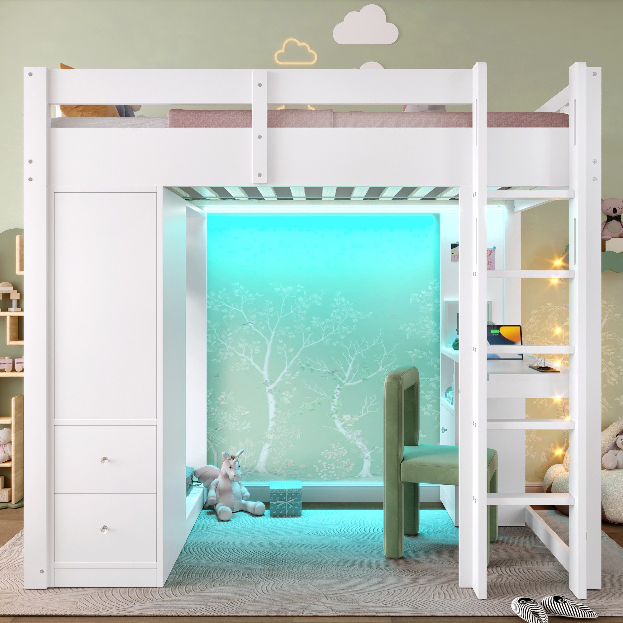 Merax Hochbett 90x200cm mit LED-Beleuchtung & USB (Kieferholz, 1-St., Etagenbett Jugendbett Holzbett Einzelbett) Kinderbett mit 4 Schubladen,Stauraumschrank,Schreibtisch,Kleiderstange