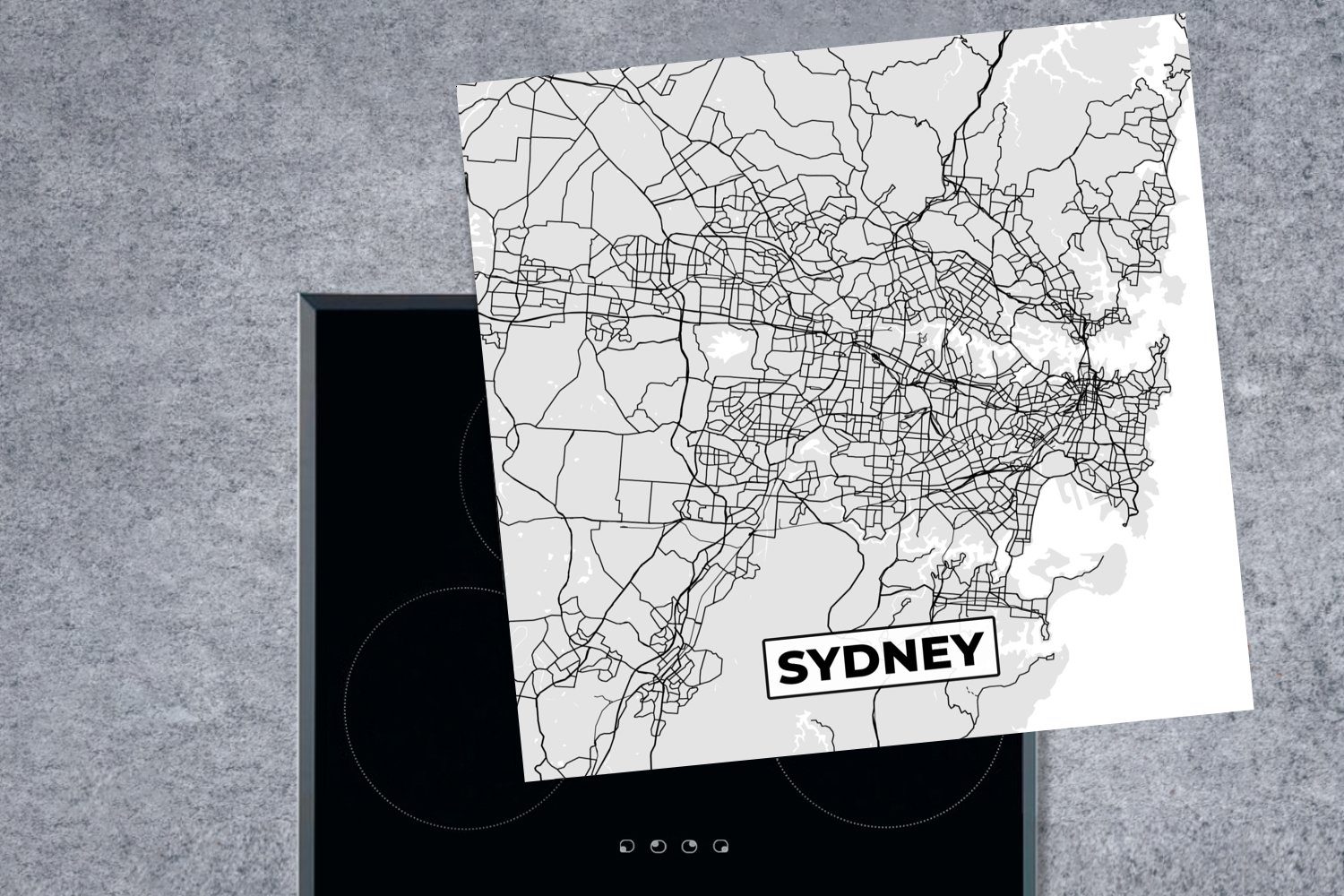 MuchoWow Herdblende-/Abdeckplatte Sydney Stadtplan küche tlg), Weiß Vinyl, für - 78x78 - Ceranfeldabdeckung, - cm, und Schwarz (1 Arbeitsplatte Karte