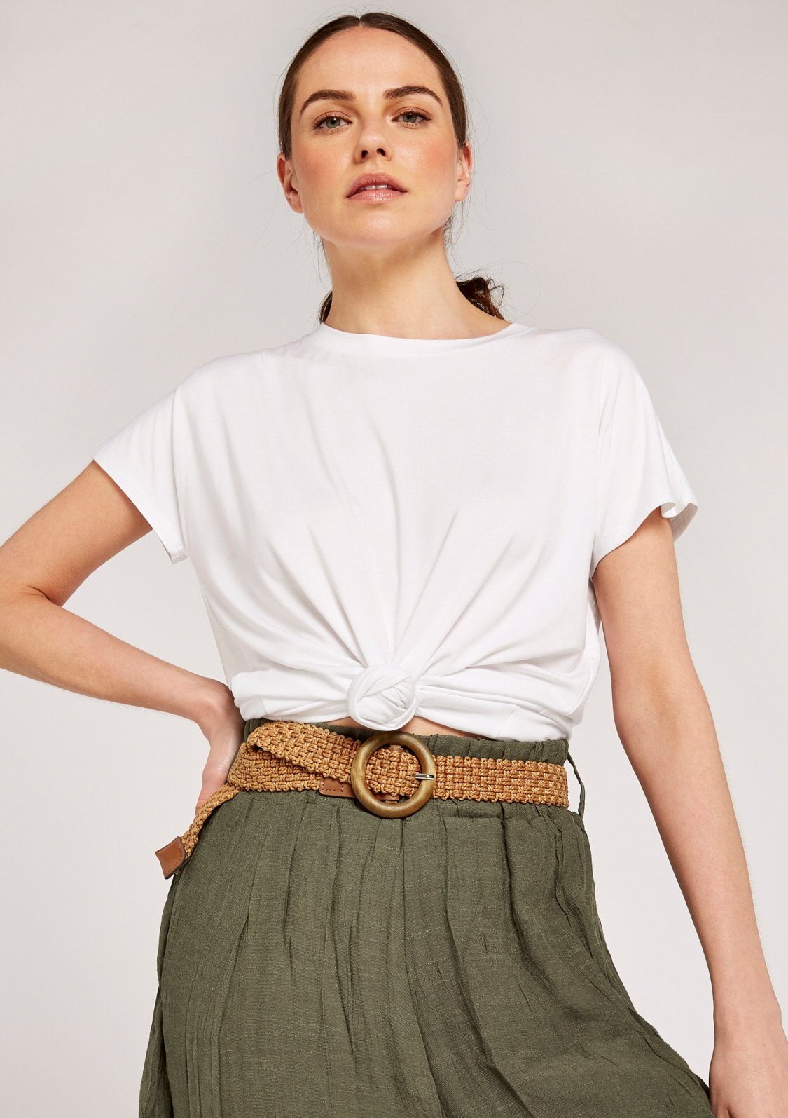 mit Crinkle mit khaki Shimmer abnehmbarem Flechtgürtel Maxirock Apricot Skirt (2-tlg., Gürtel) Belted