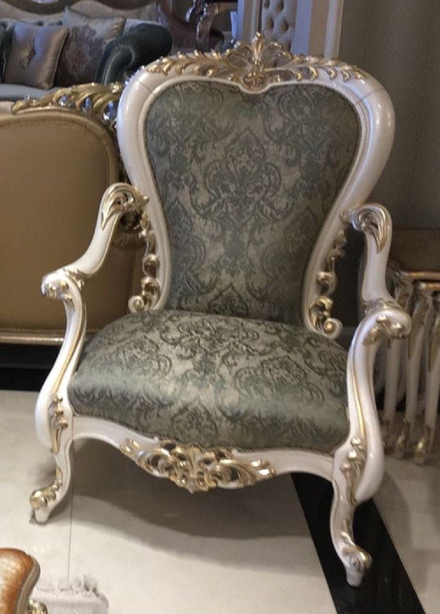 Casa Padrino Sessel Luxus Barock Sessel Grün / Weiß / Gold - Handgefertigter Wohnzimmer Sessel mit elegantem Muster - Barock Wohnzimmer Möbel - Edel & Prunkvoll