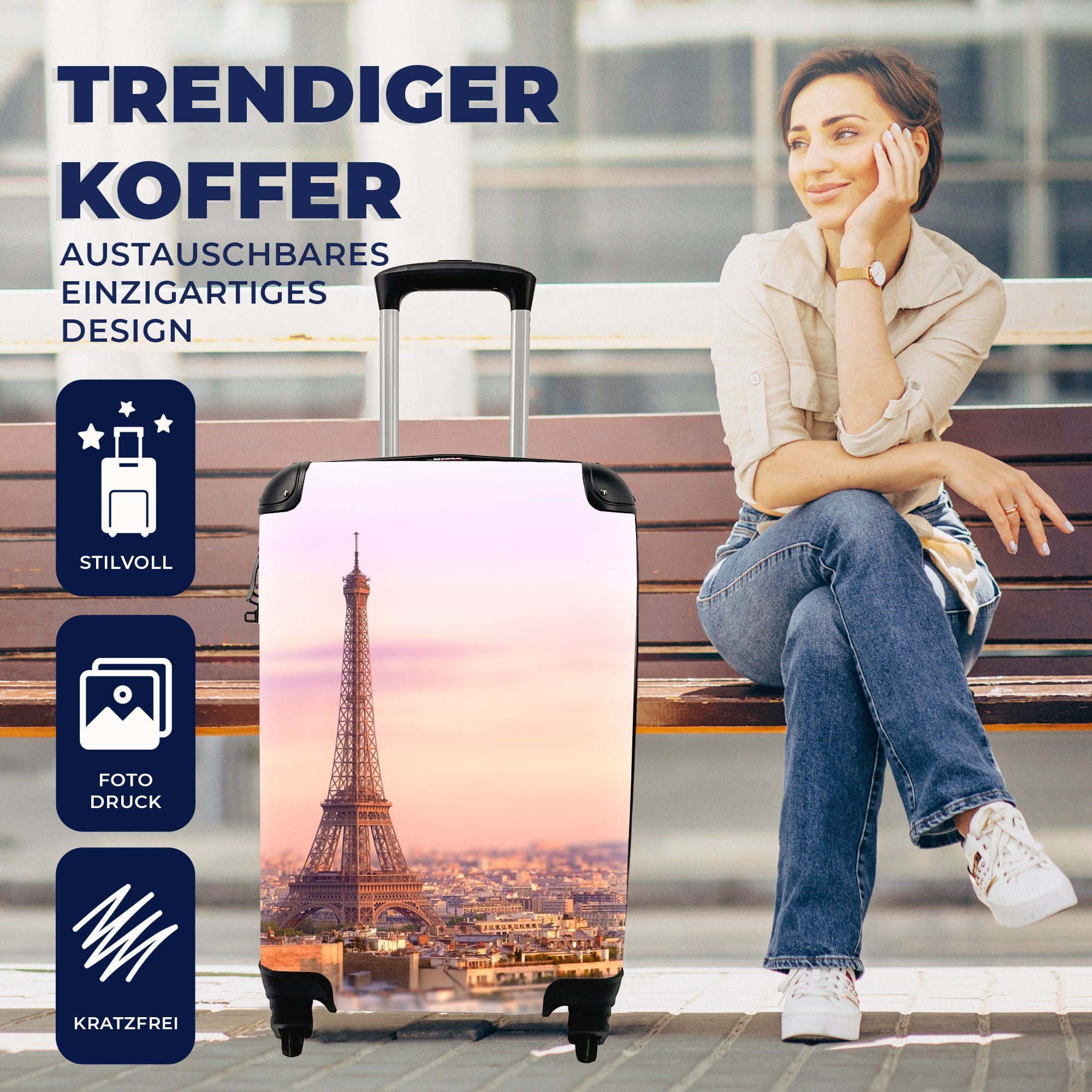 Trolley, Eiffelturm für Himmel, Handgepäck Reisekoffer Ferien, Paris rollen, 4 Rollen, - MuchoWow mit - Reisetasche Handgepäckkoffer