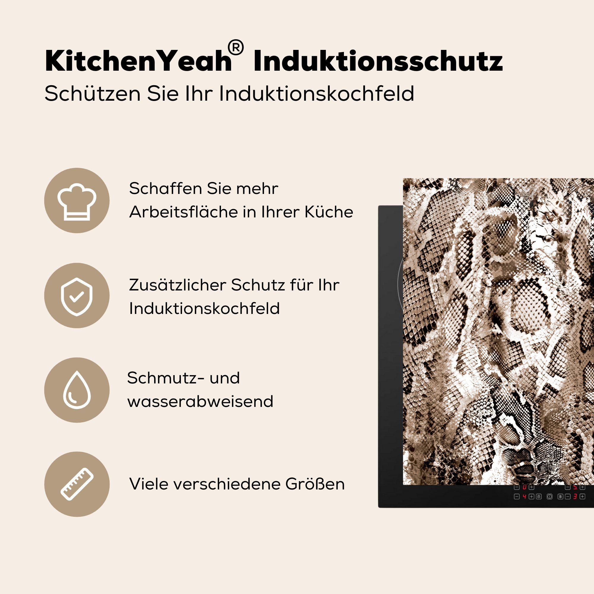 für Induktionskochfeld - Vinyl, tlg), küche, Formen Herdblende-/Abdeckplatte die Ceranfeldabdeckung Braun, (1 Schutz MuchoWow 81x52 cm, Tiermuster -