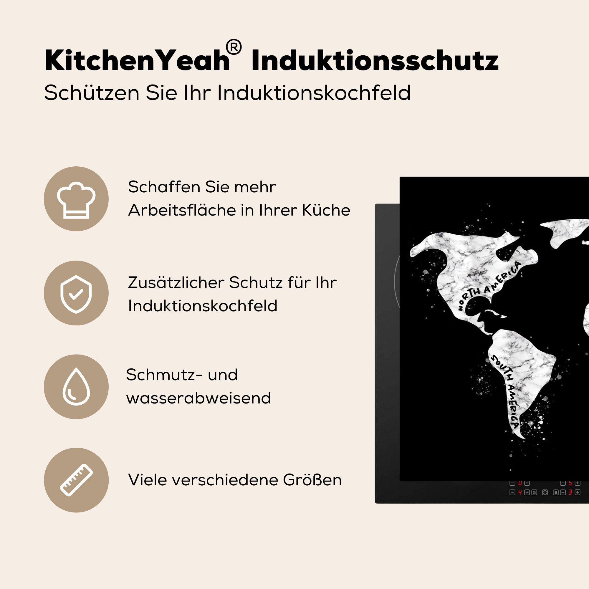 Vinyl, (1 Schutz 81x52 Marmor - Ceranfeldabdeckung - Herdblende-/Abdeckplatte tlg), Karte Weiß, - für Schwarz küche, cm, die Induktionskochfeld MuchoWow