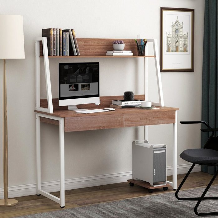Merax Regal-Schreibtisch WriteF Schreibtisch Arbeitstisch aus Holz mit Ablage und 2 Schubladen