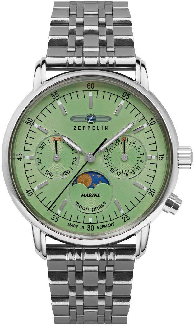 ZEPPELIN Multifunktionsuhr LZ 14 Marine Moonphase 8637M-4, Quarzuhr, Damen, Datum, Mondphase, Edelstahlarmband, Made in Germany