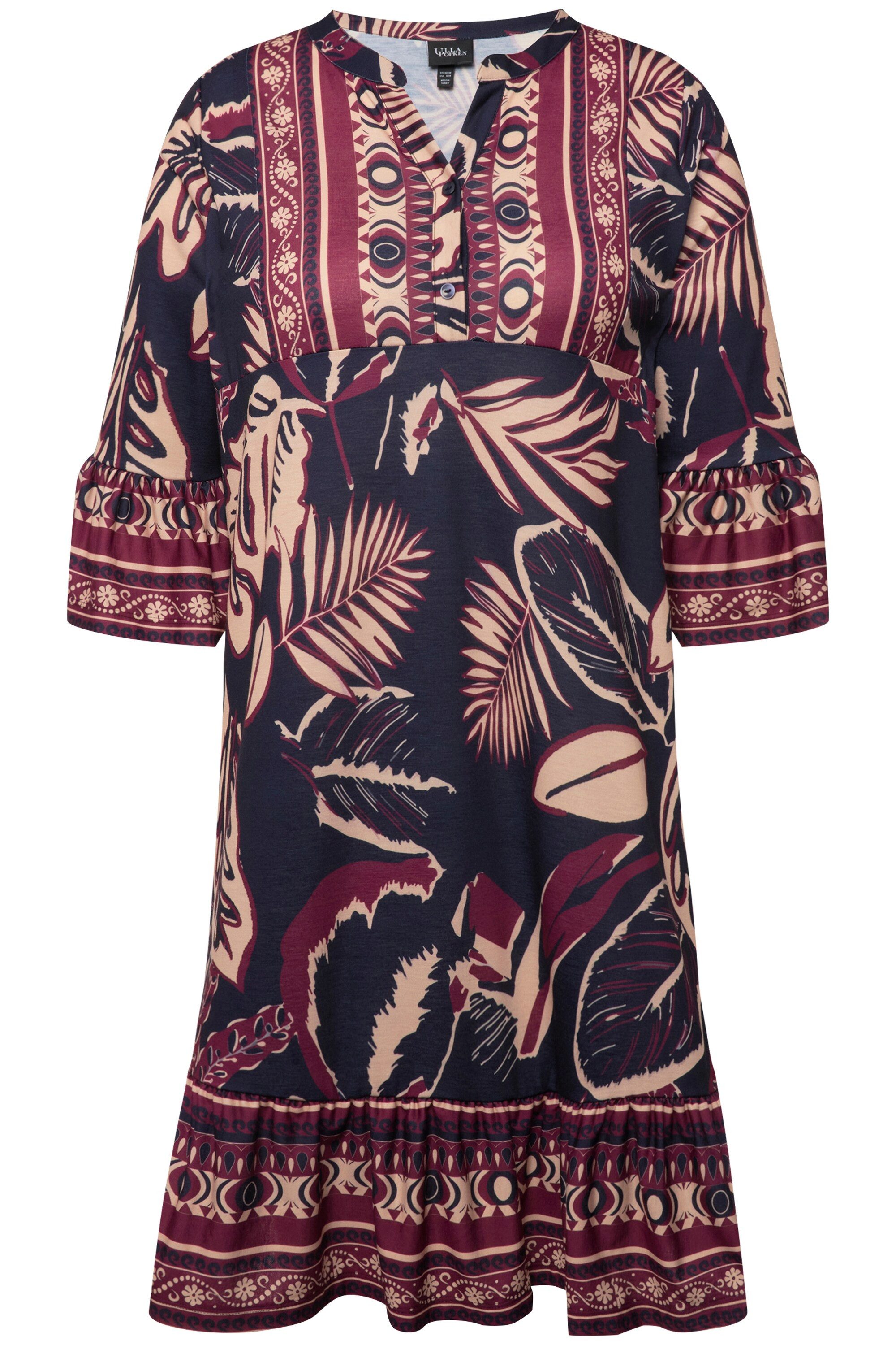 Ulla Popken Midikleid Minikleid Blätter A-Linie V-Ausschnitt 3/4-Arm günstig online kaufen